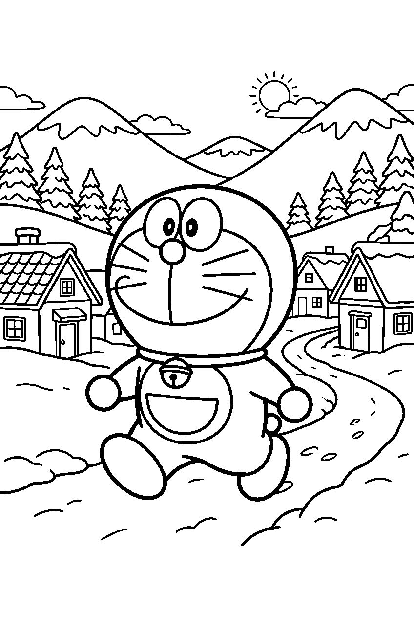 doraemon walking in snowy mountain village line art