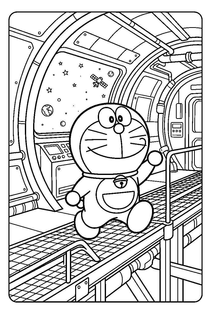 doraemon walking in space station line art