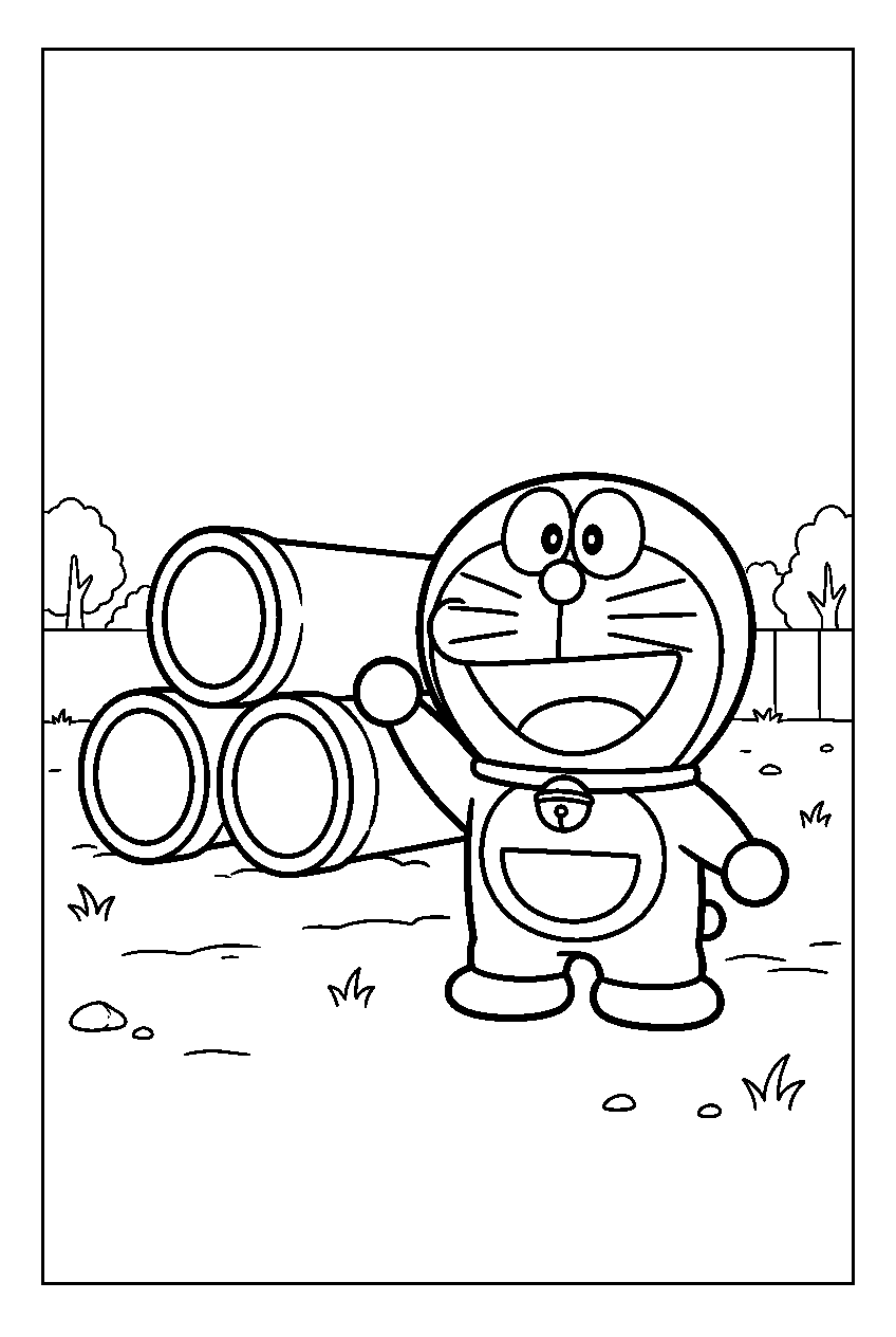 doraemon waving in empty lot with concrete pipes line art