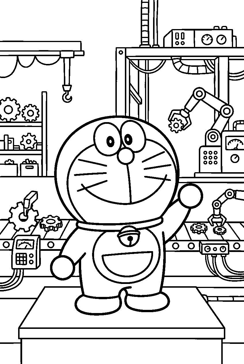 doraemon waving in robot factory line art