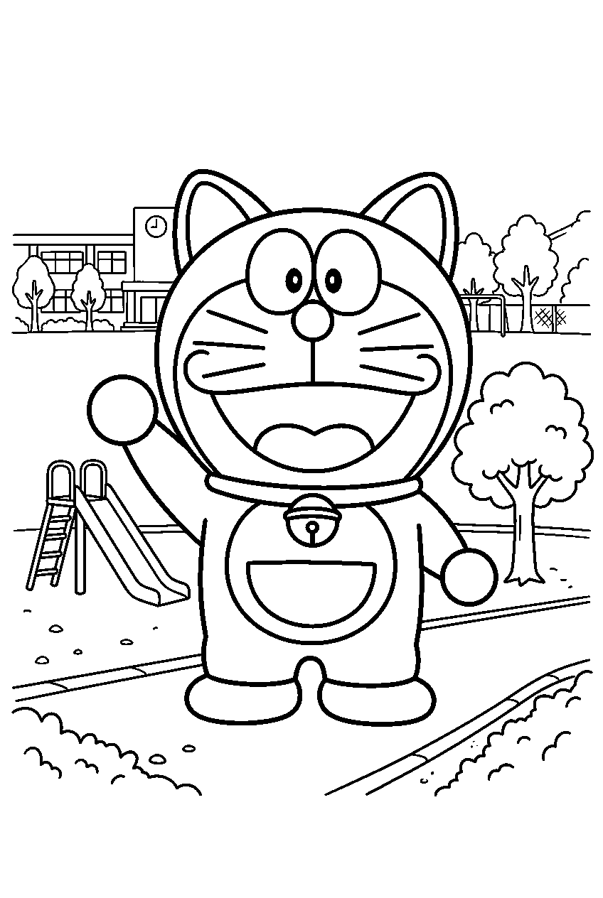 doraemon waving in school playground line art