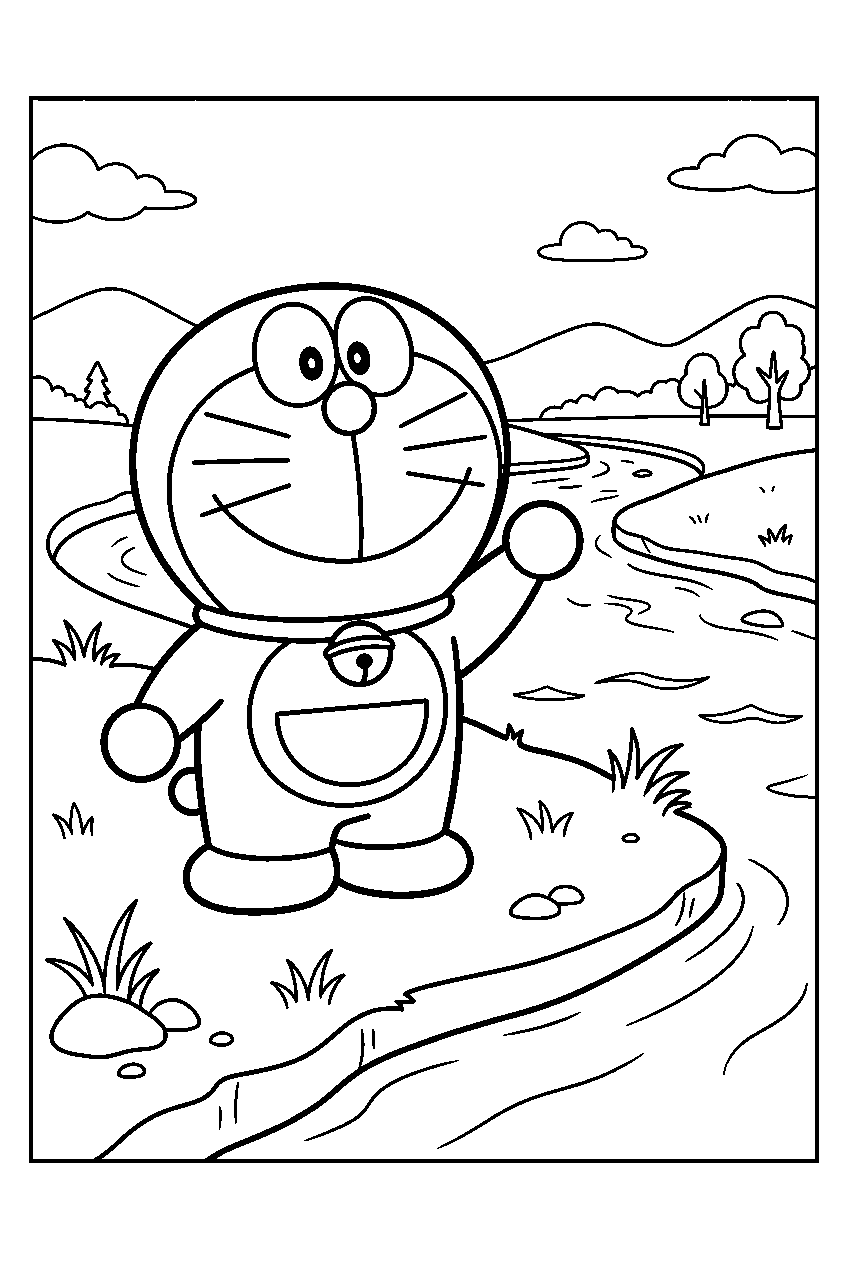 doraemon waving on riverbank line art