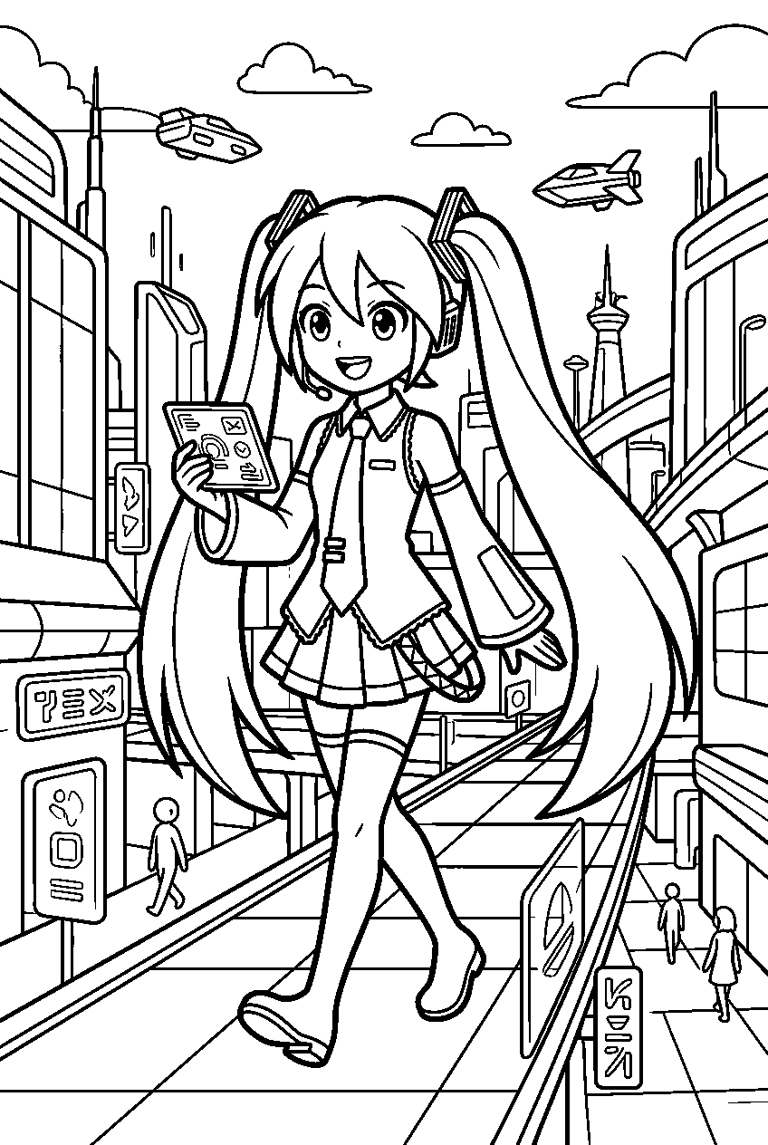hatsune miku exploring in hologram city line art