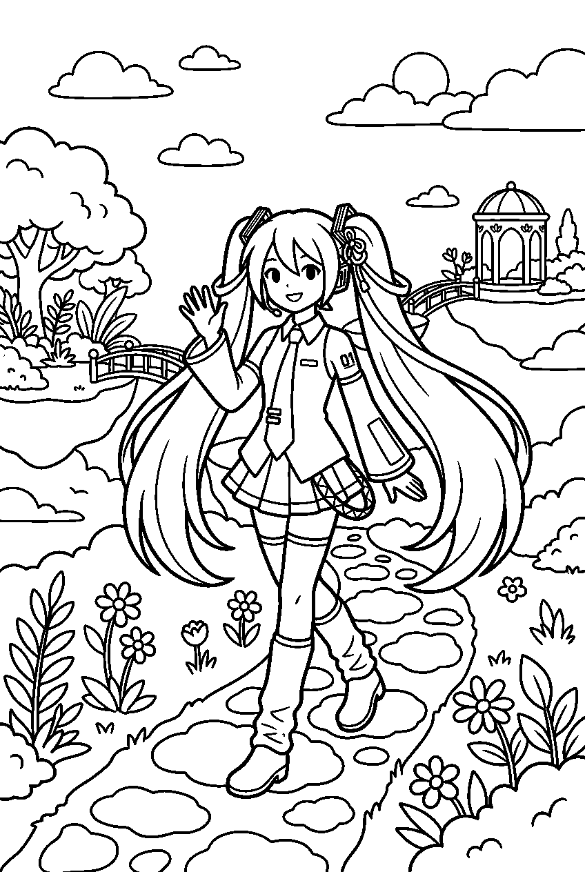 hatsune miku exploring in sky garden line art