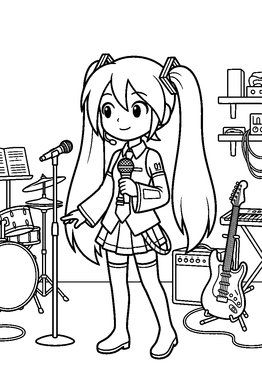 hatsune miku looking around in rehearsal studio line art