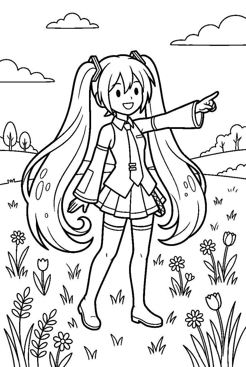 hatsune miku pointing in flower meadow line art