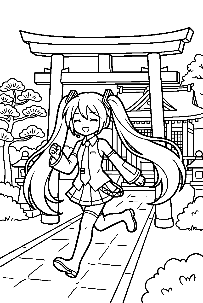 hatsune miku running in japanese shrine line art