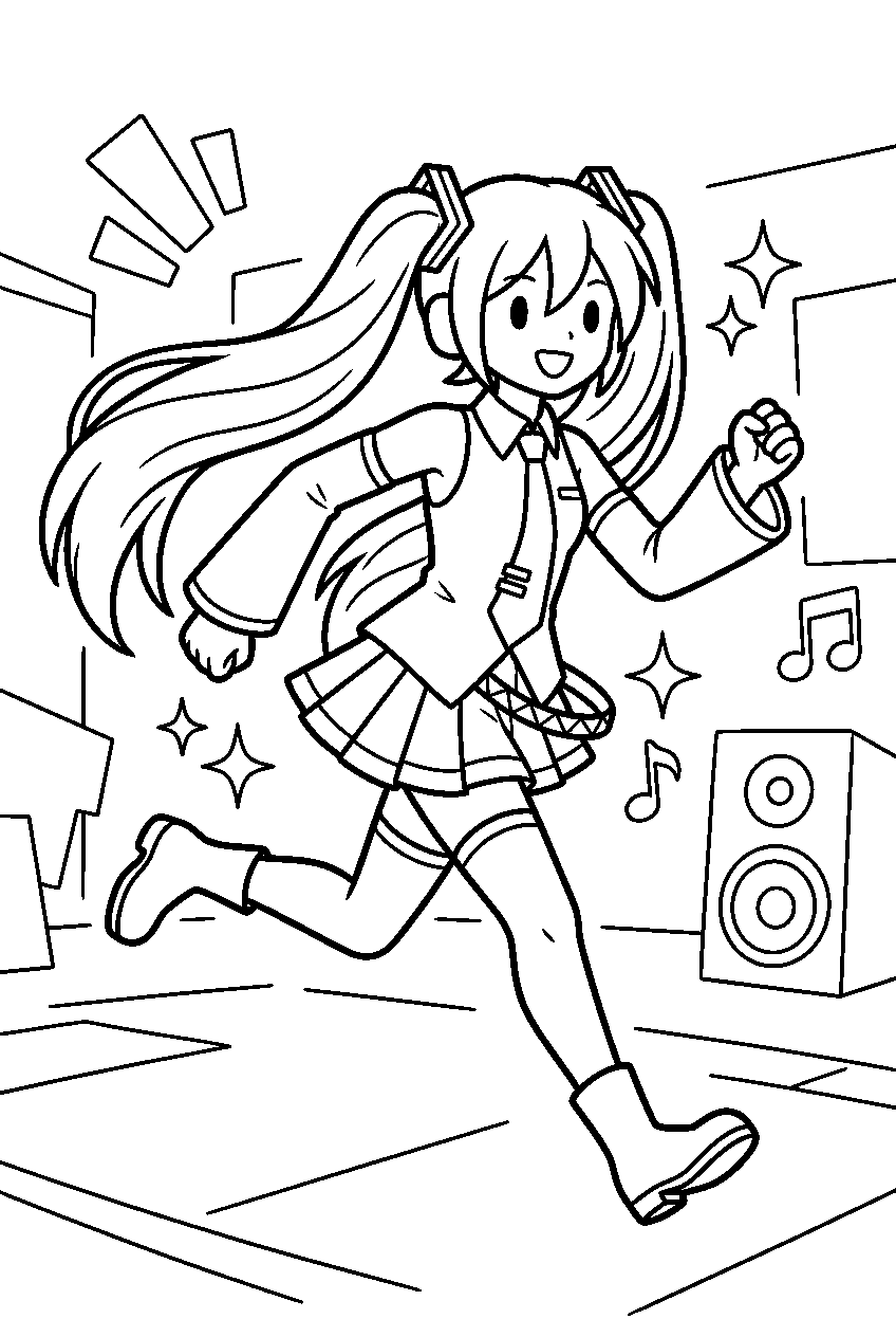 hatsune miku running in music video set line art