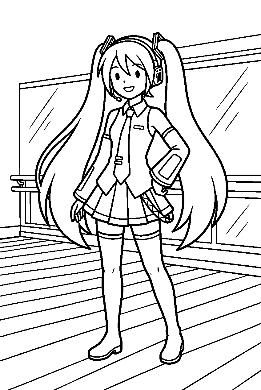 hatsune miku standing in dance studio line art