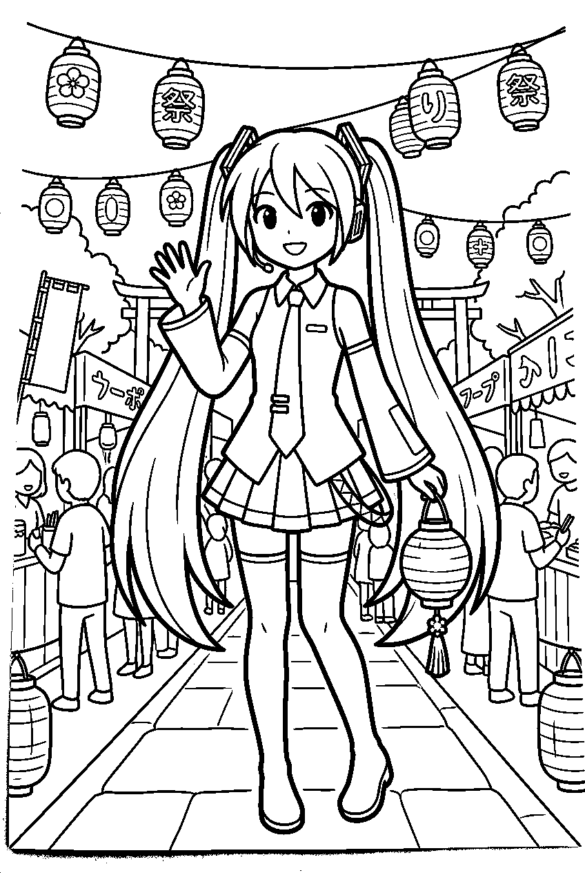 hatsune miku standing in lantern festival line art