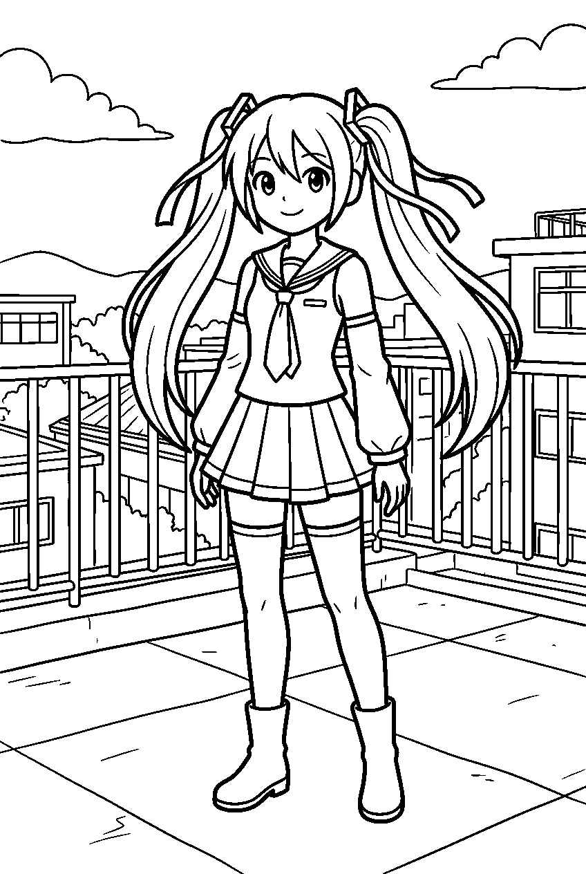 hatsune miku standing in school rooftop line art
