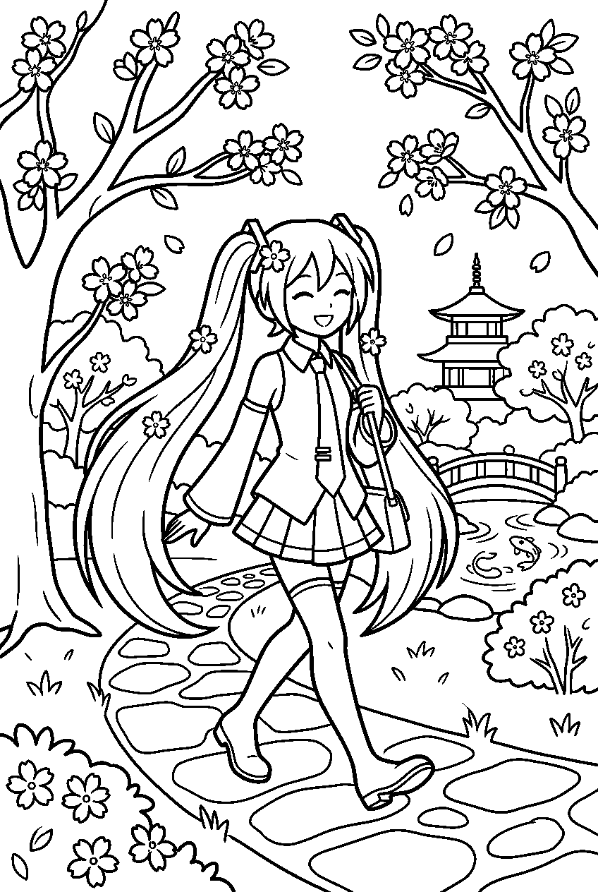 hatsune miku walking in cherry blossom garden line art