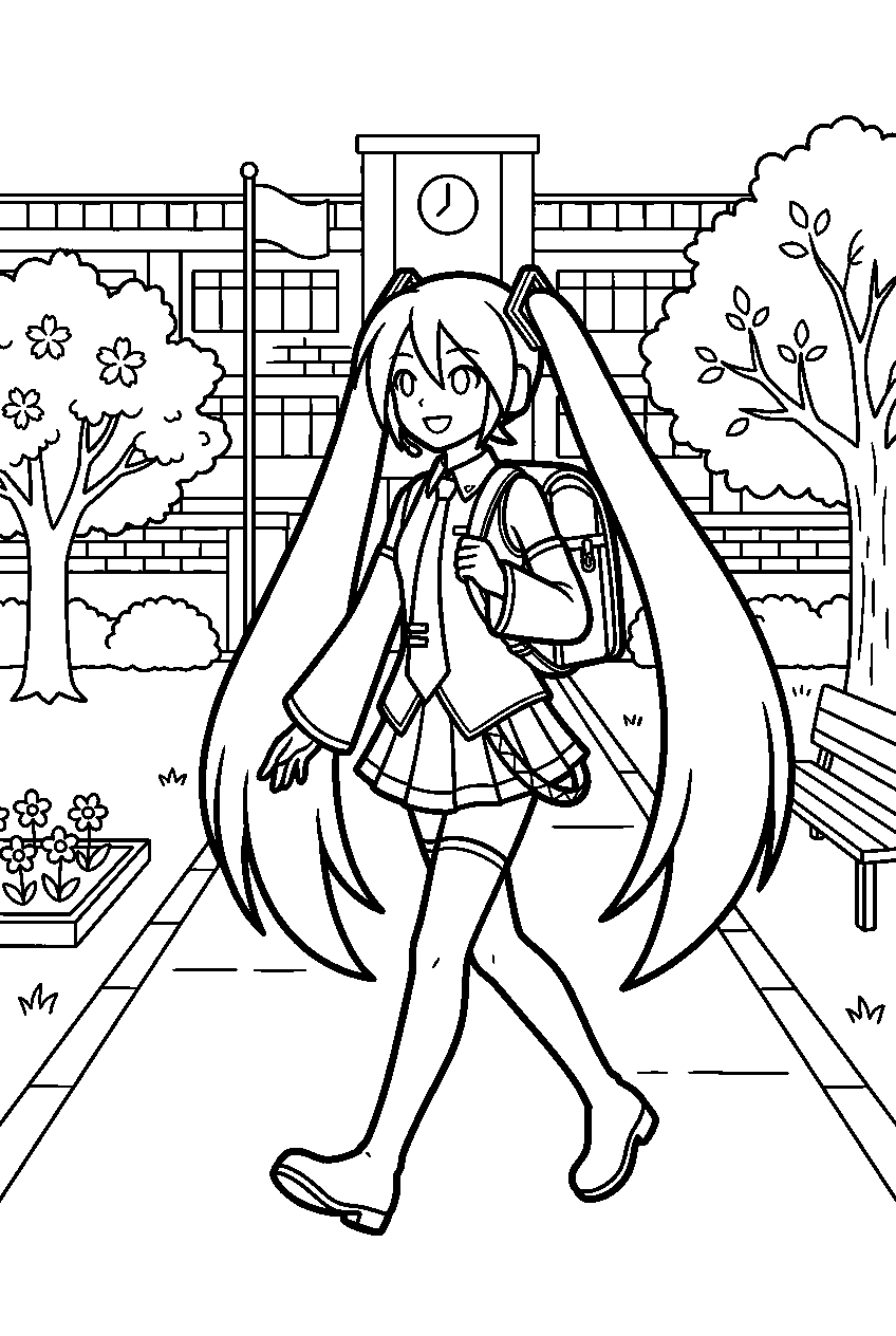 hatsune miku walking in school courtyard line art