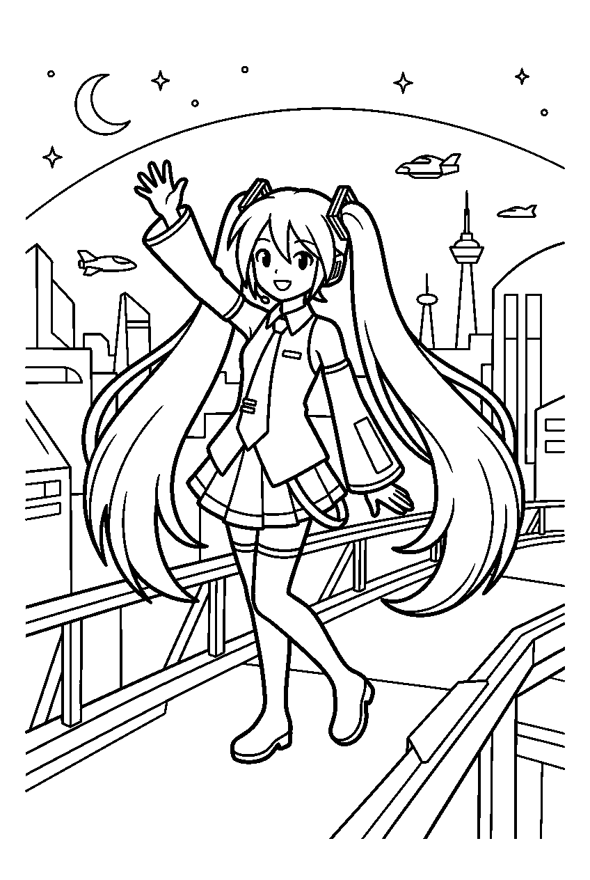 hatsune miku waving in futuristic city line art