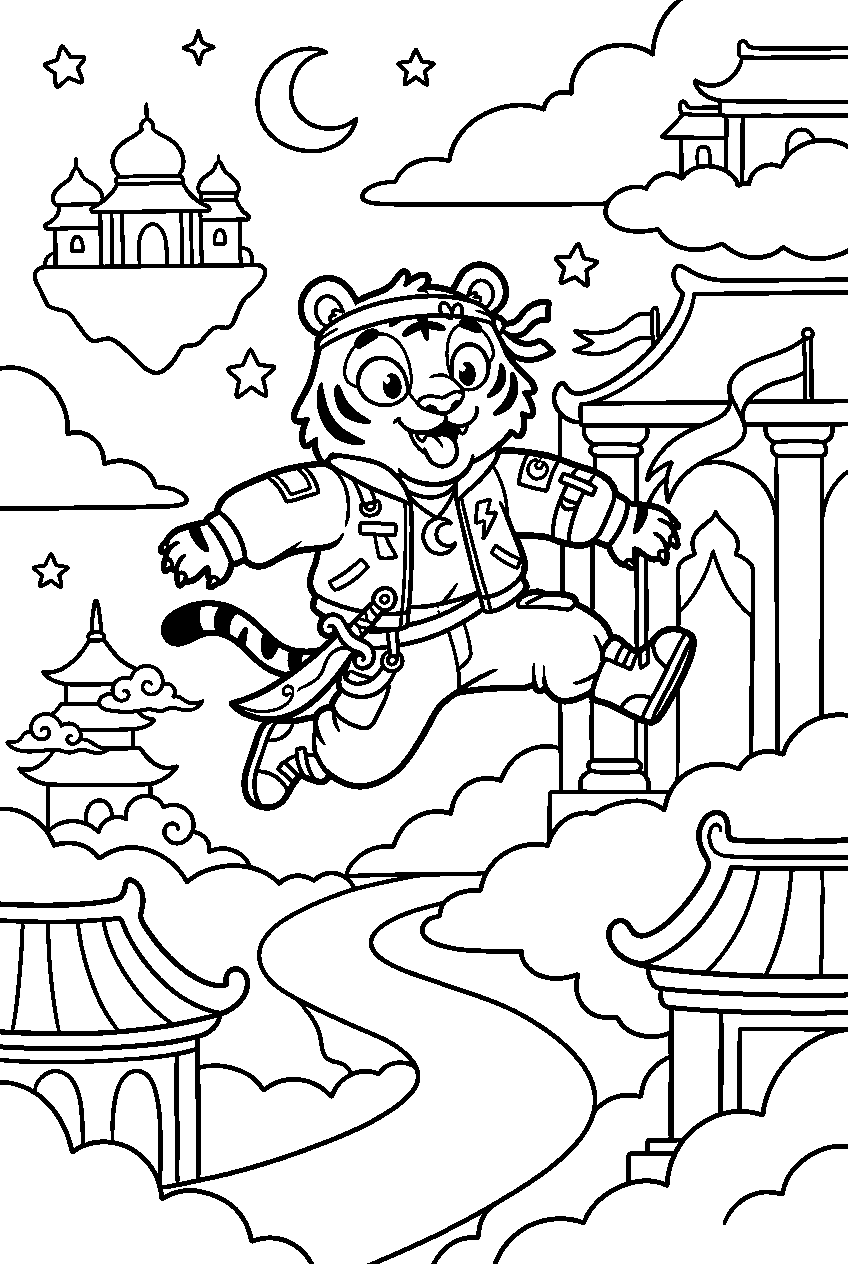 kpop demon hunters derpy tiger jumping in sky palace line art