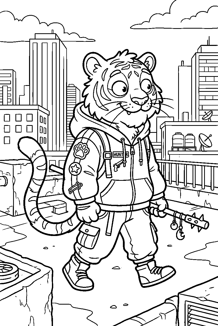 kpop demon hunters derpy tiger looking around on city rooftop line art