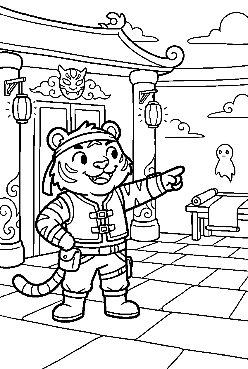 kpop demon hunters derpy tiger pointing in spirit temple line art