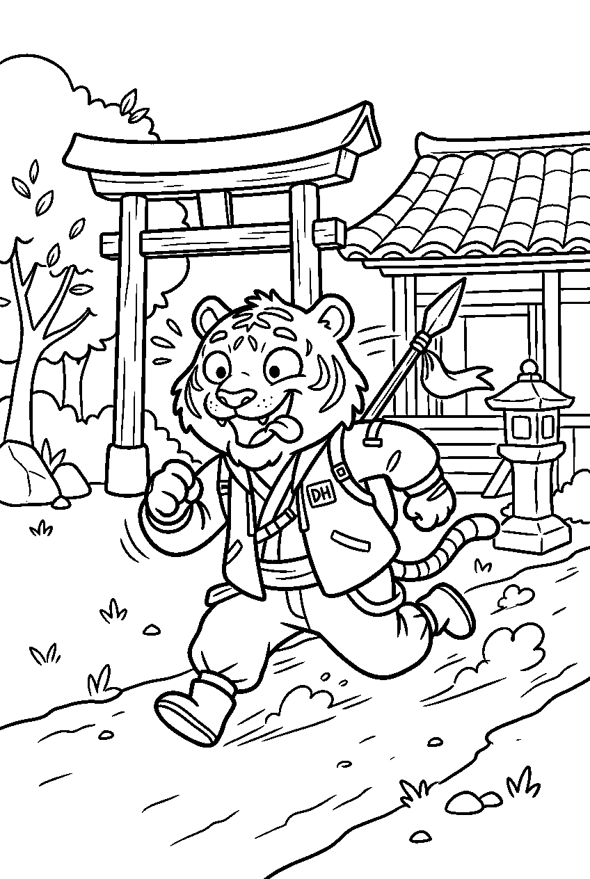 kpop demon hunters derpy tiger running in sacred shrine line art