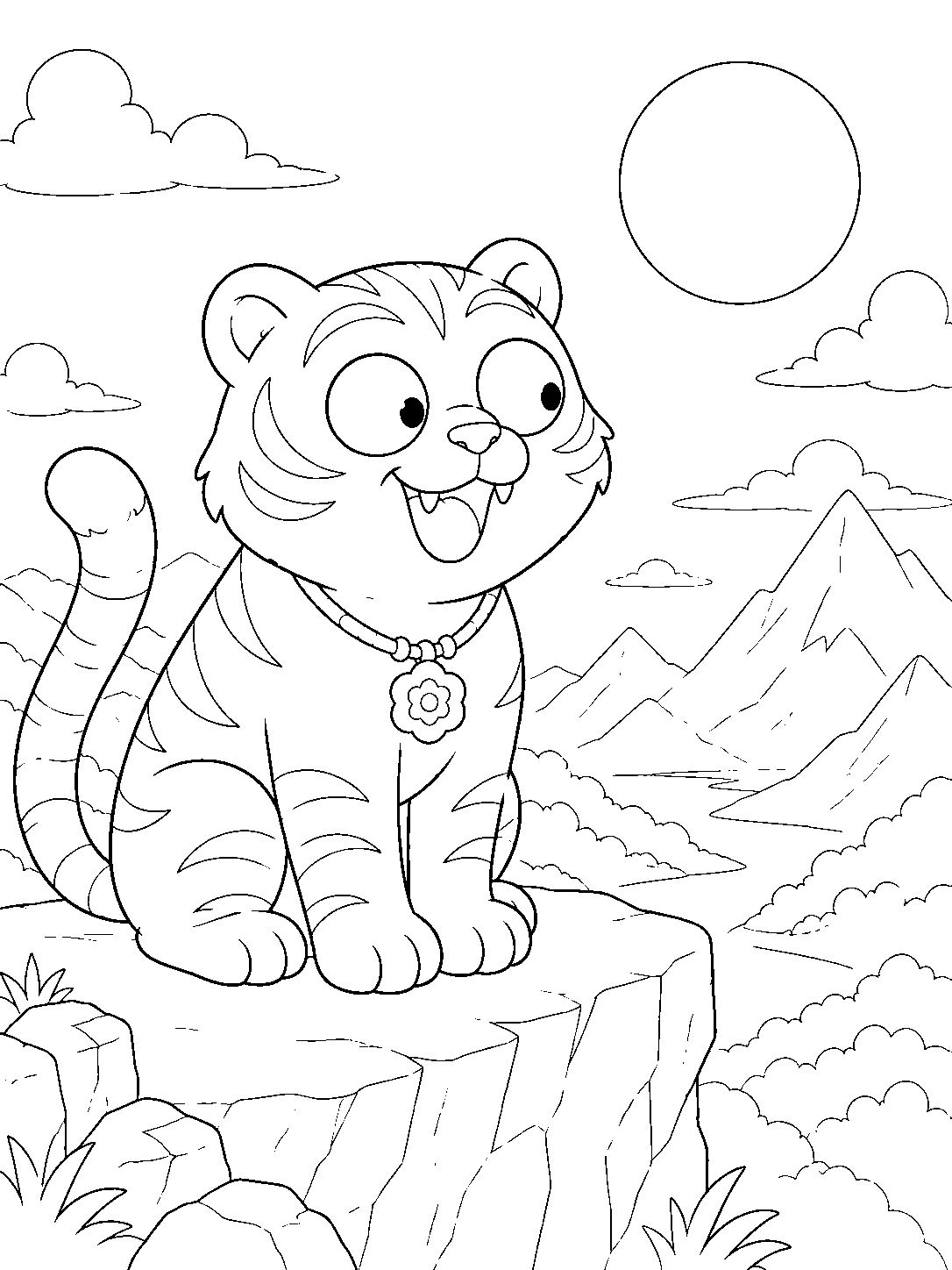 kpop demon hunters derpy tiger sitting on mountain overlook line art