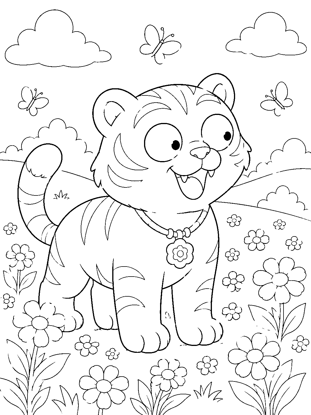 kpop demon hunters derpy tiger smiling in flower meadow line art
