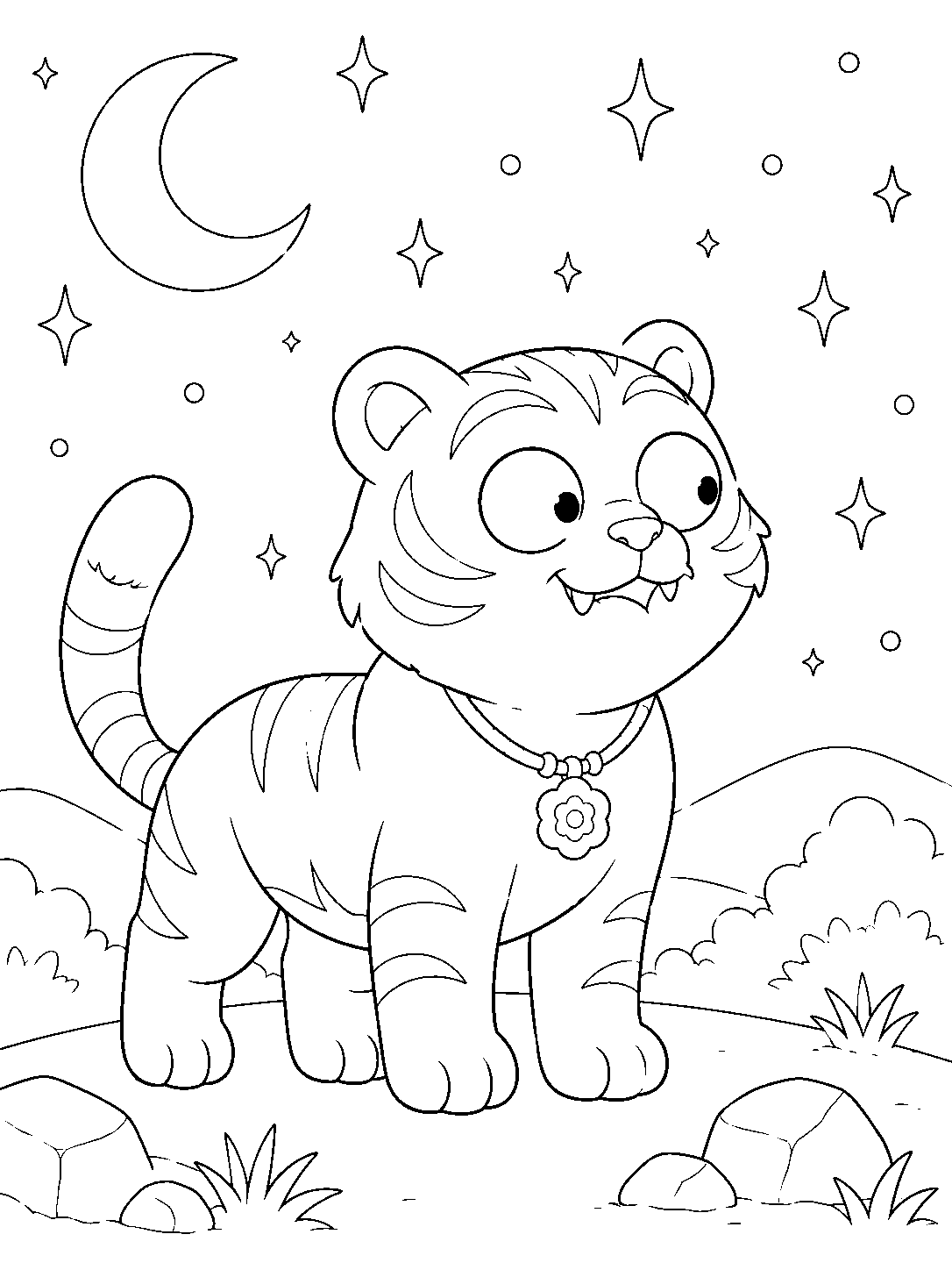 kpop demon hunters derpy tiger standing calmly under starry sky line art