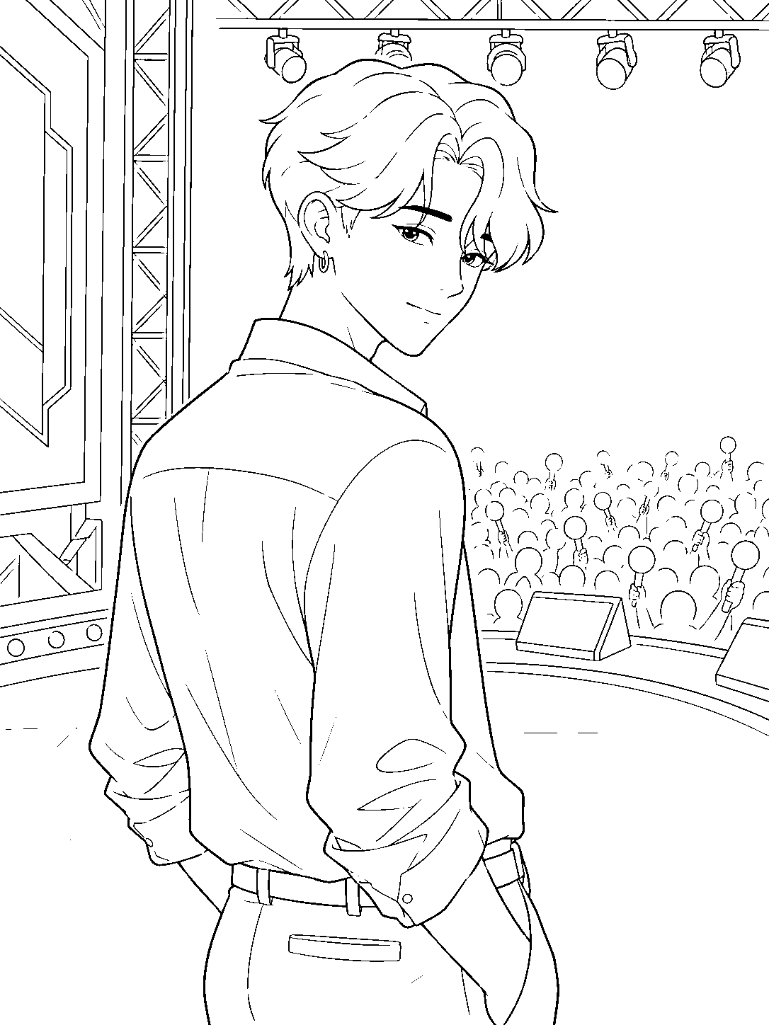 kpop demon hunters jinu observing on concert stage line art