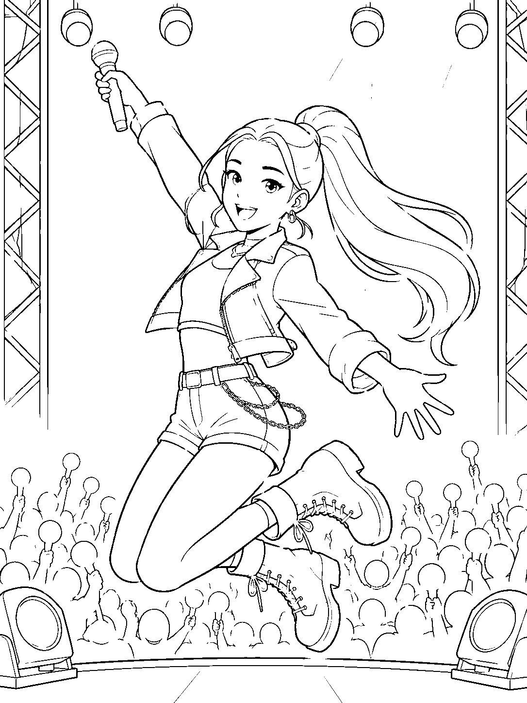 kpop demon hunters rumi jumping on concert stage line art