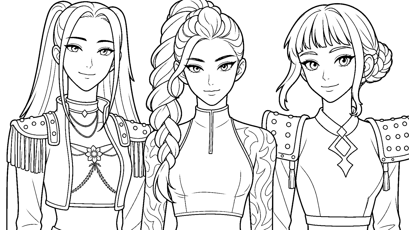 k pop demon hunters ahri kaisa and akali stage outfits line art