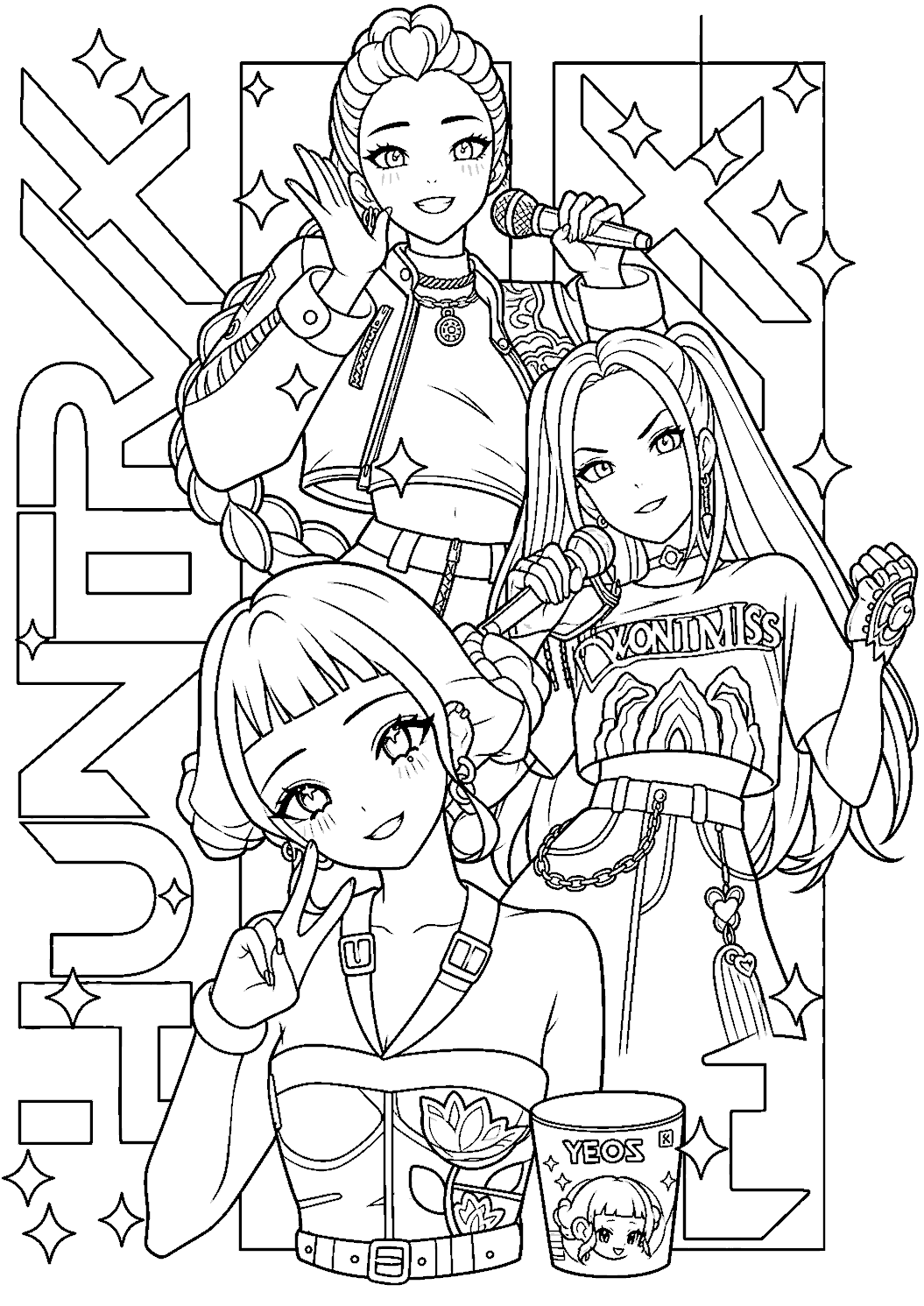k pop demon hunters akali ahri and kaisa line art