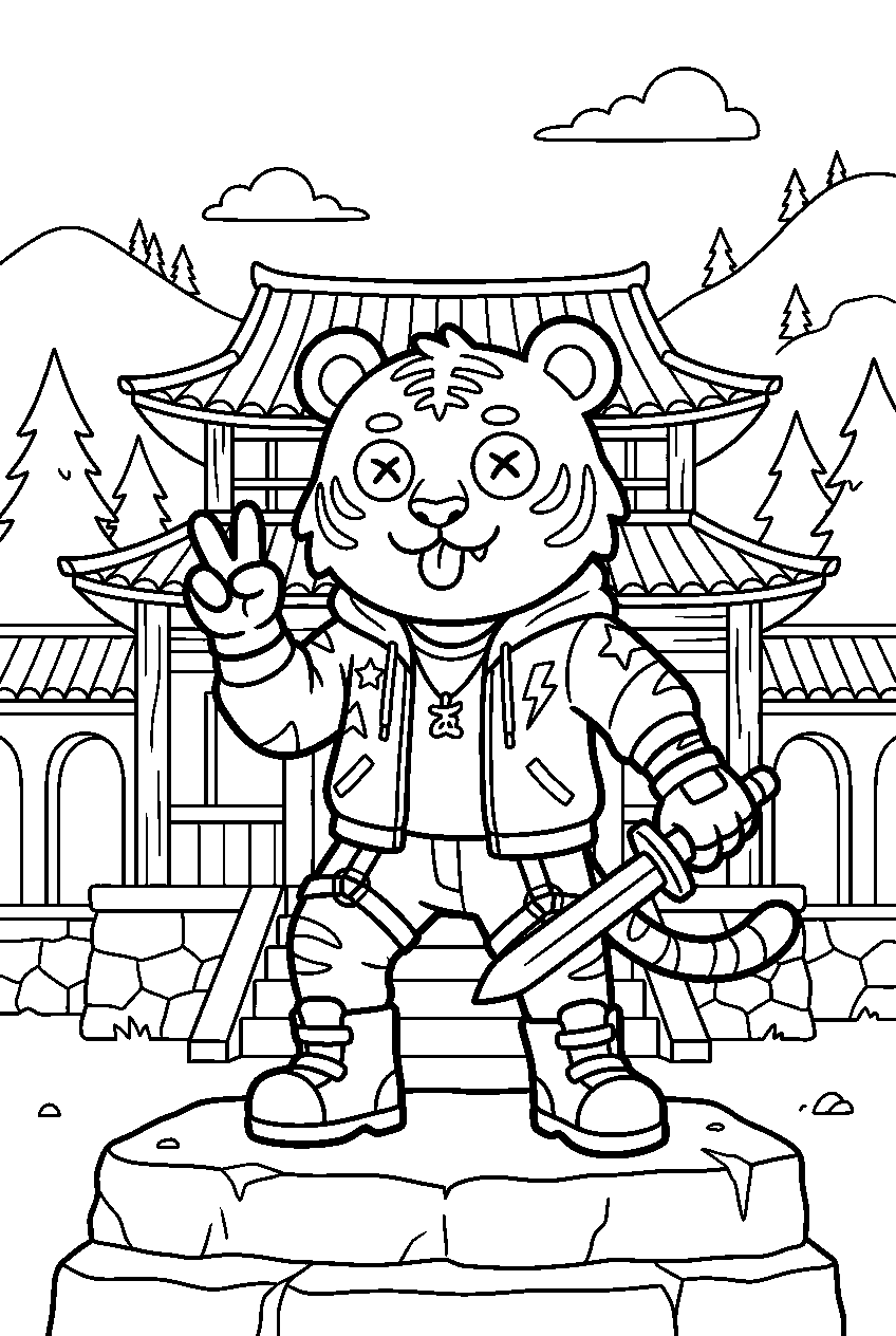 kpop demon hunters derpy tiger posing in mountain temple line art