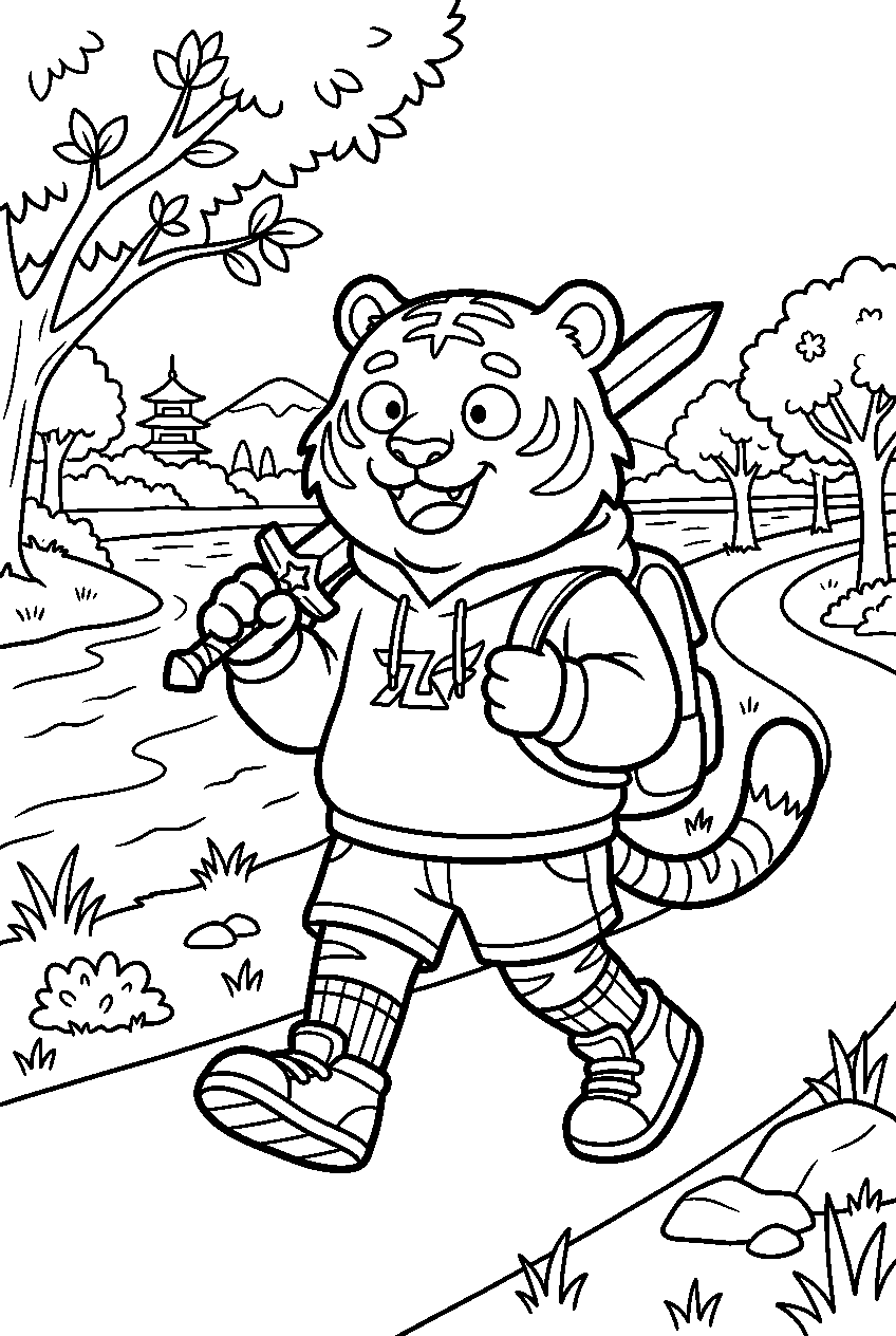 kpop demon hunters derpy tiger walking in riverside park line art