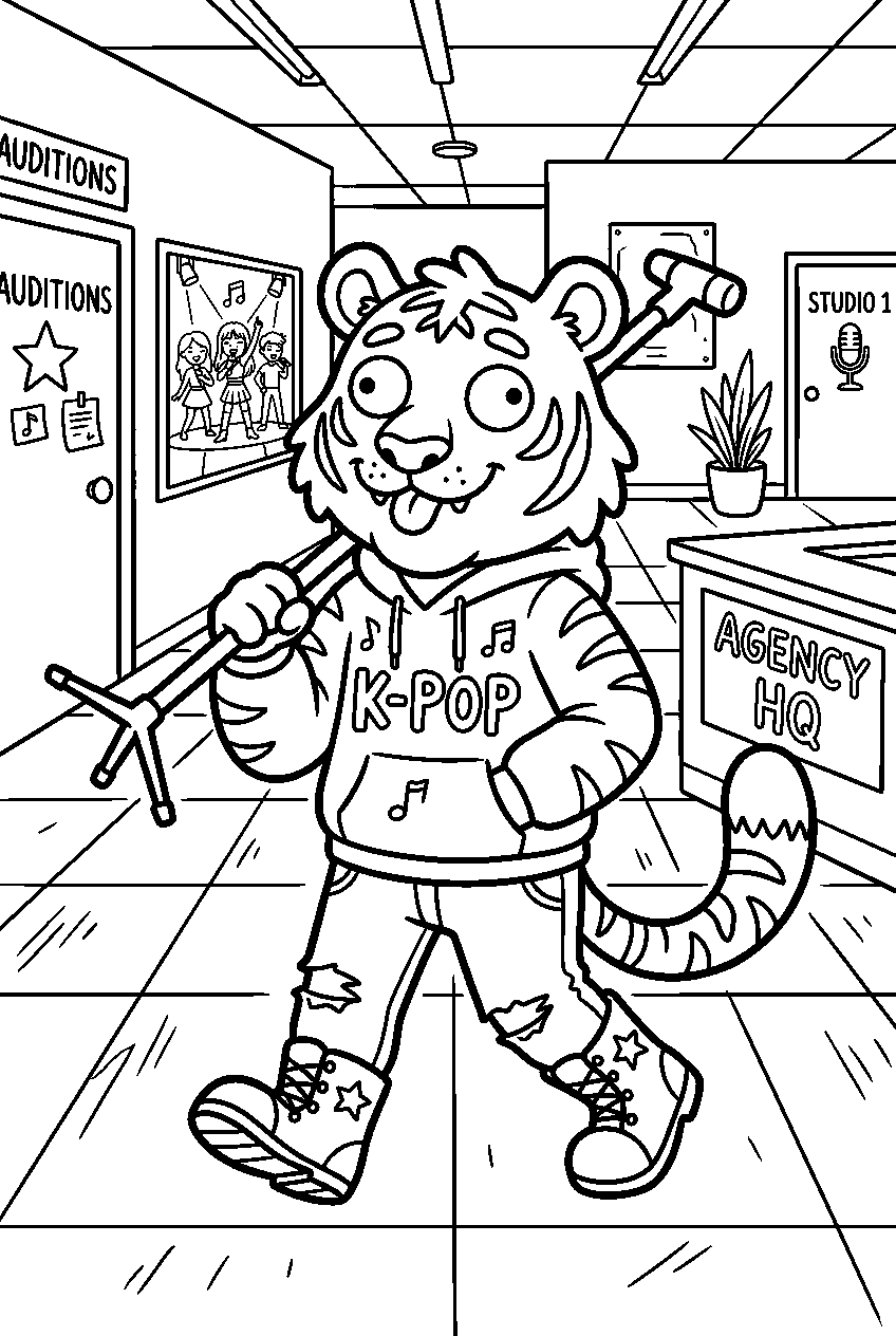 kpop demon hunters derpy tiger walking in talent agency headquarters line art