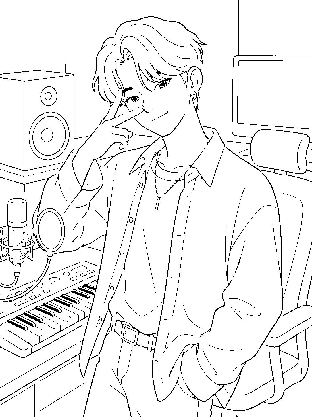 kpop demon hunters jinu posing in music studio line art