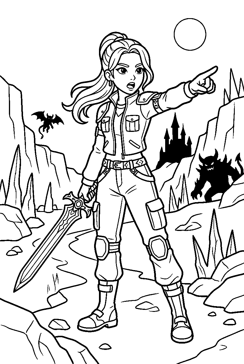 kpop demon hunters rumi pointing in demon realm line art