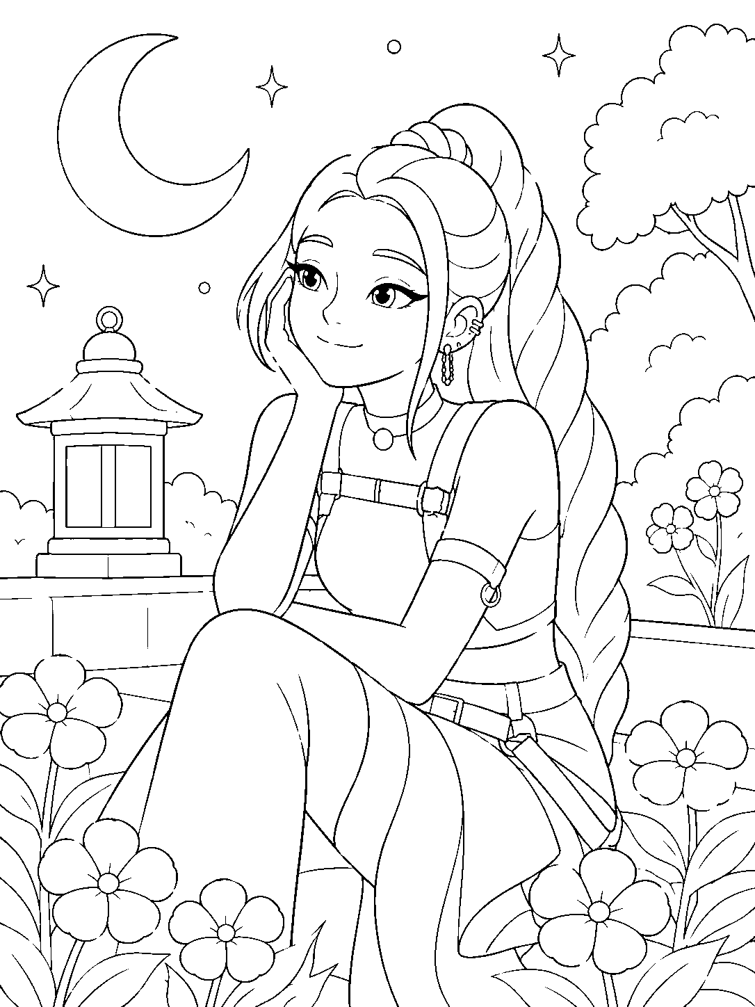 kpop demon hunters rumi resting in moonlit garden line art