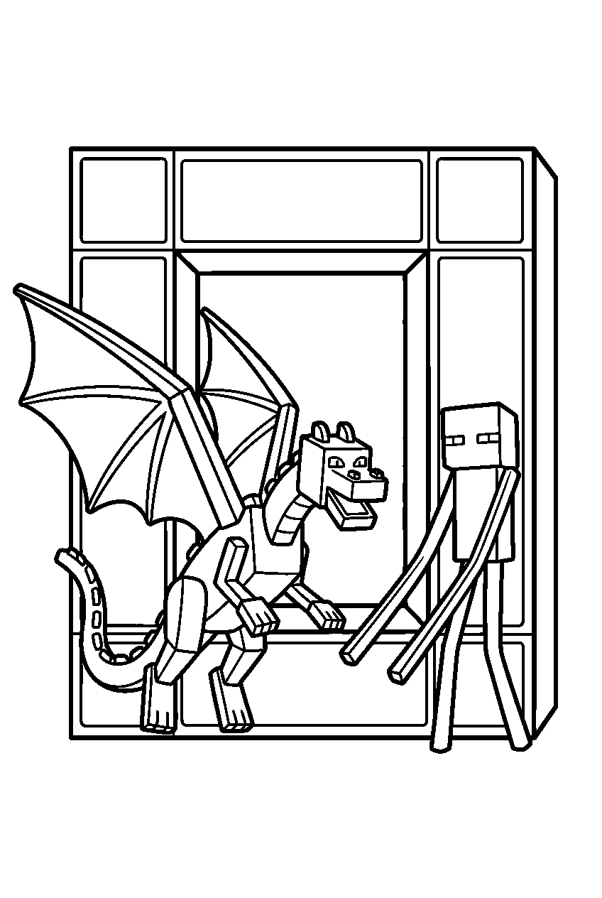 minecraft end portal with ender dragon and enderman line art