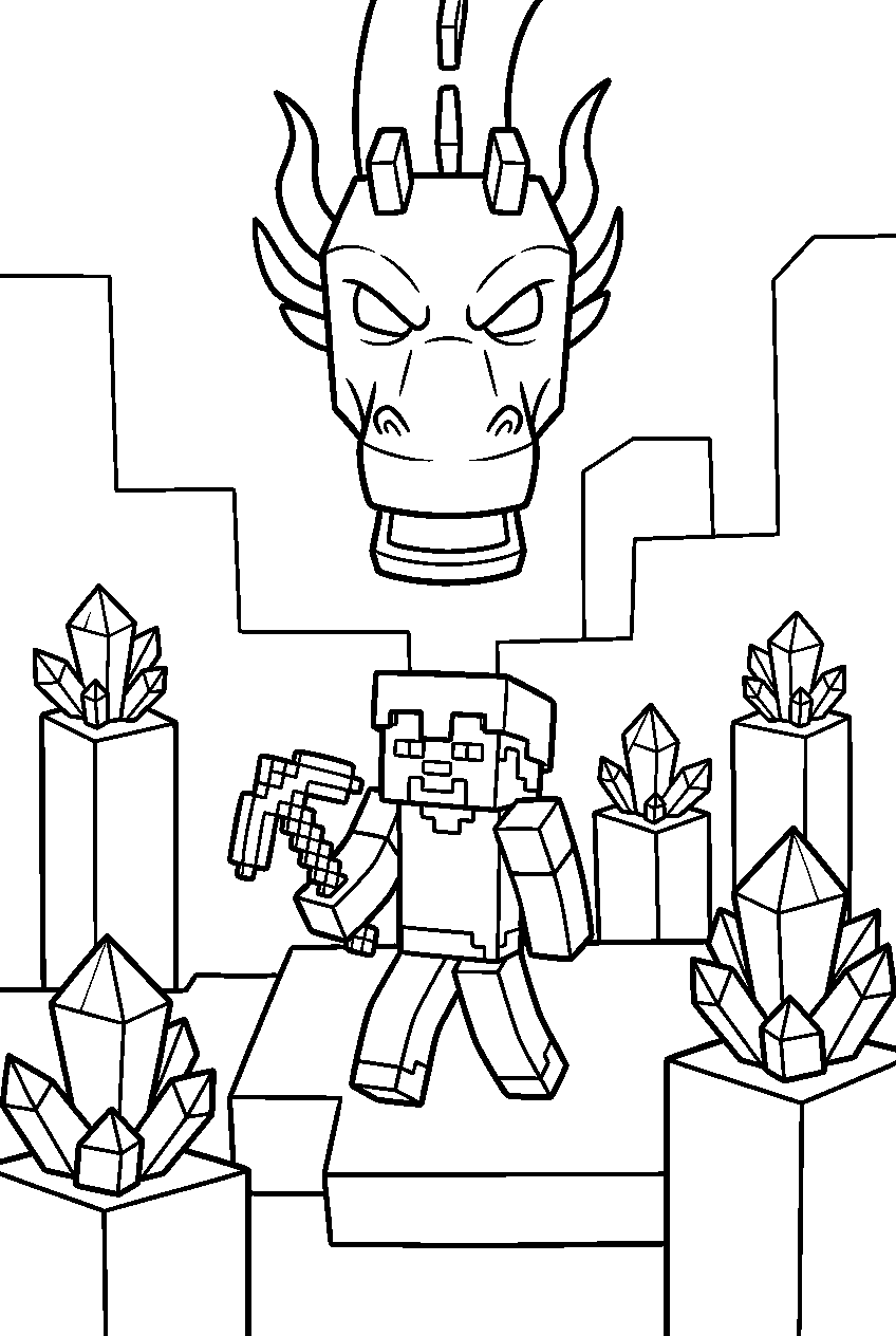 minecraft ender dragon battle with steve and end crystals line art