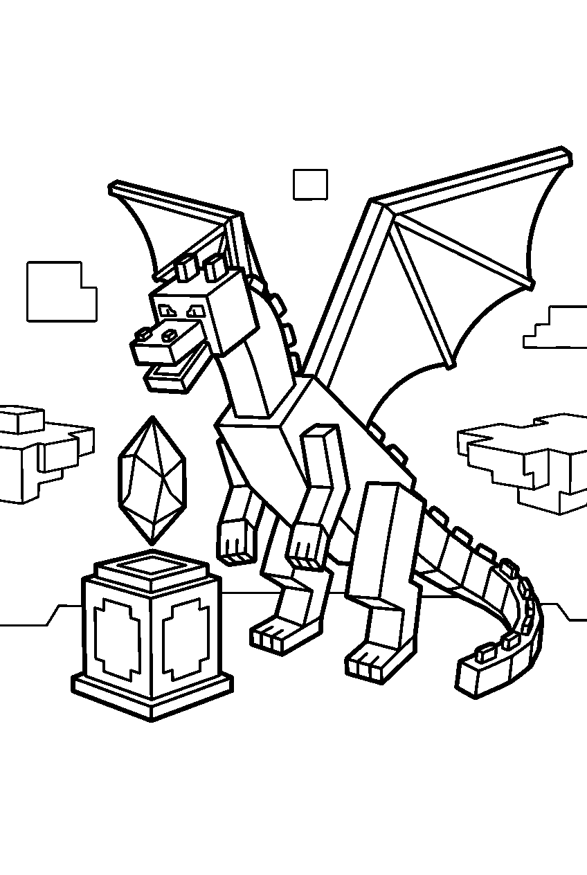 minecraft ender dragon beside an end crystal pedestal line art
