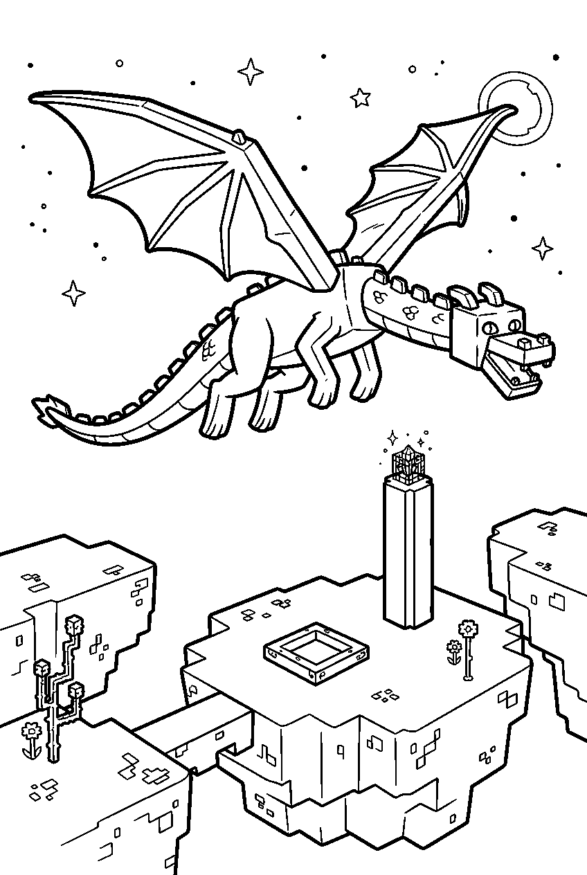minecraft ender dragon flying above a blocky end stone landscape line art