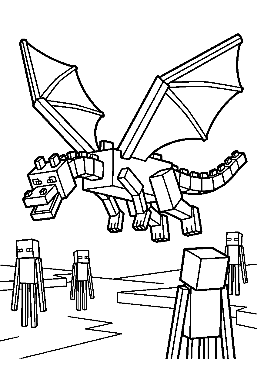 minecraft ender dragon flying above endermen line art
