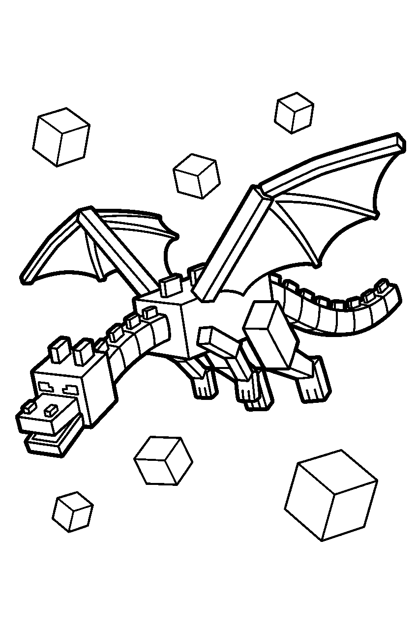 minecraft ender dragon flying among floating blocks line art