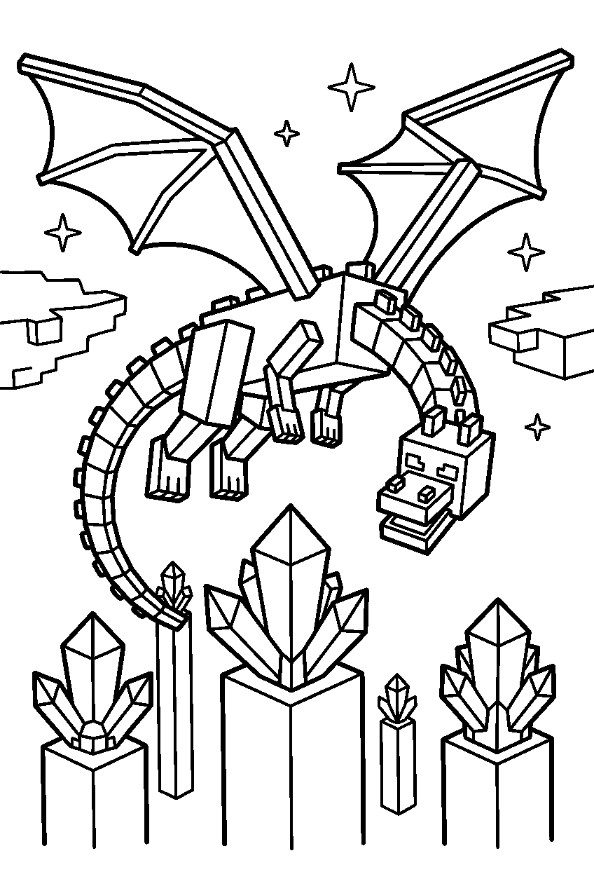 minecraft ender dragon flying around end crystals line art