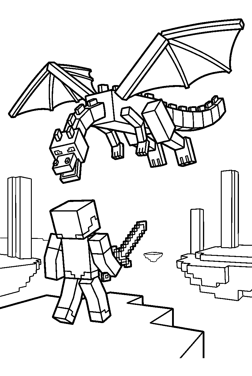 minecraft ender dragon flying over steve in the end line art