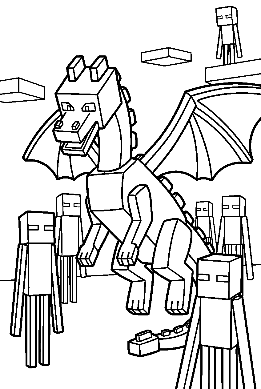 minecraft ender dragon surrounded by endermen line art
