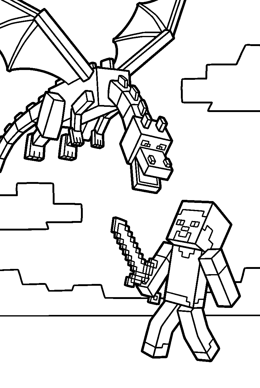 minecraft ender dragon swooping toward steve line art