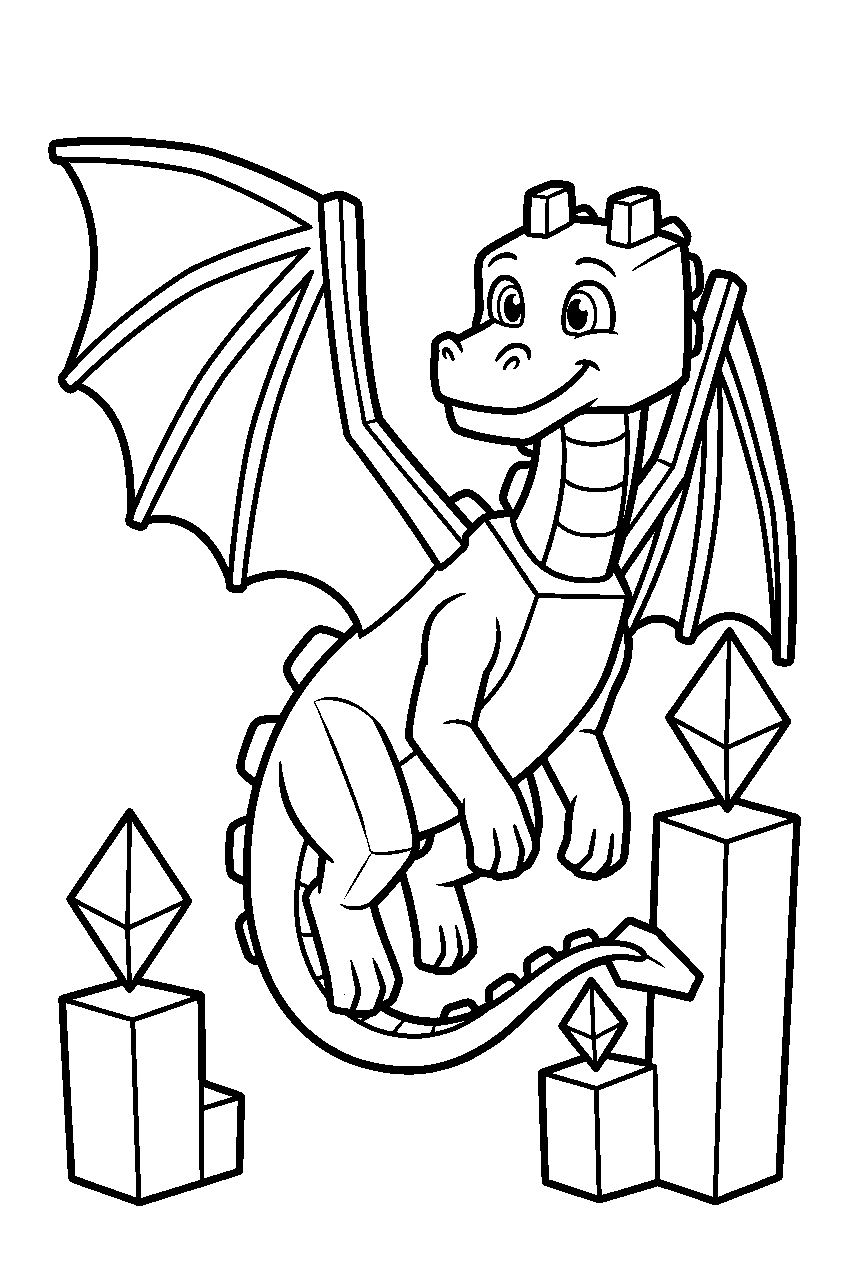 minecraft ender dragon with obsidian towers and end crystals line art