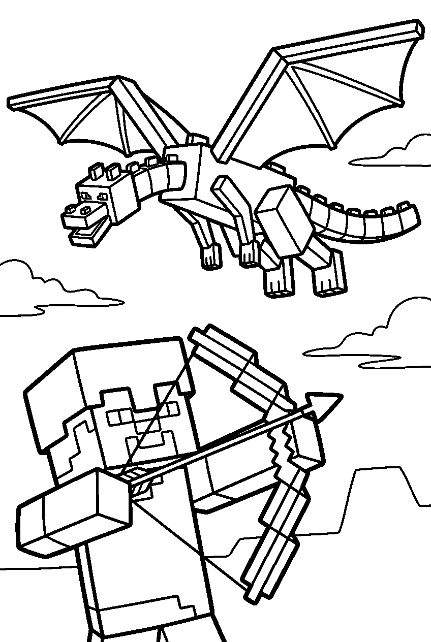 steve aiming a bow at flying minecraft ender dragon line art