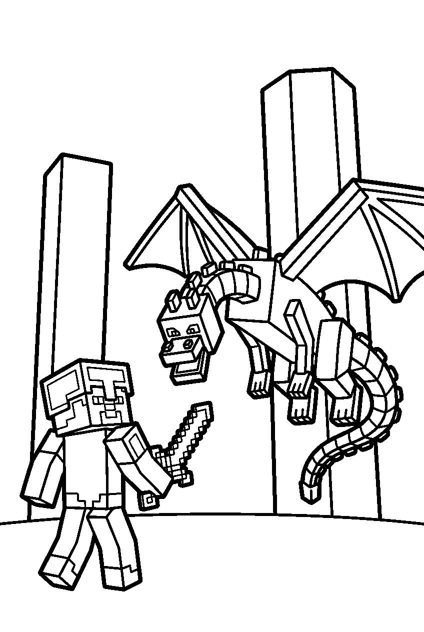 steve battling minecraft ender dragon beneath obsidian pillars line art