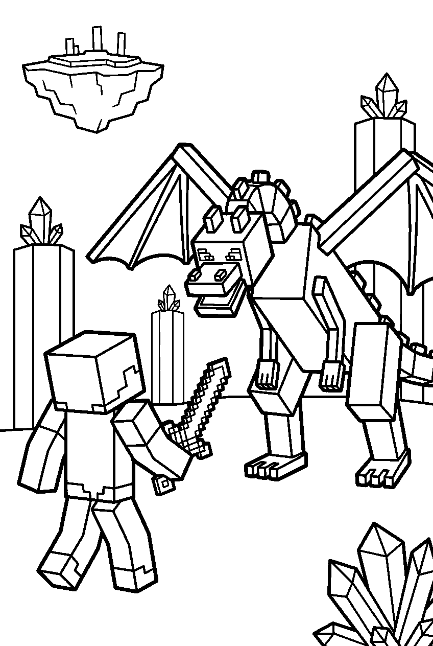 steve facing minecraft ender dragon in the end line art