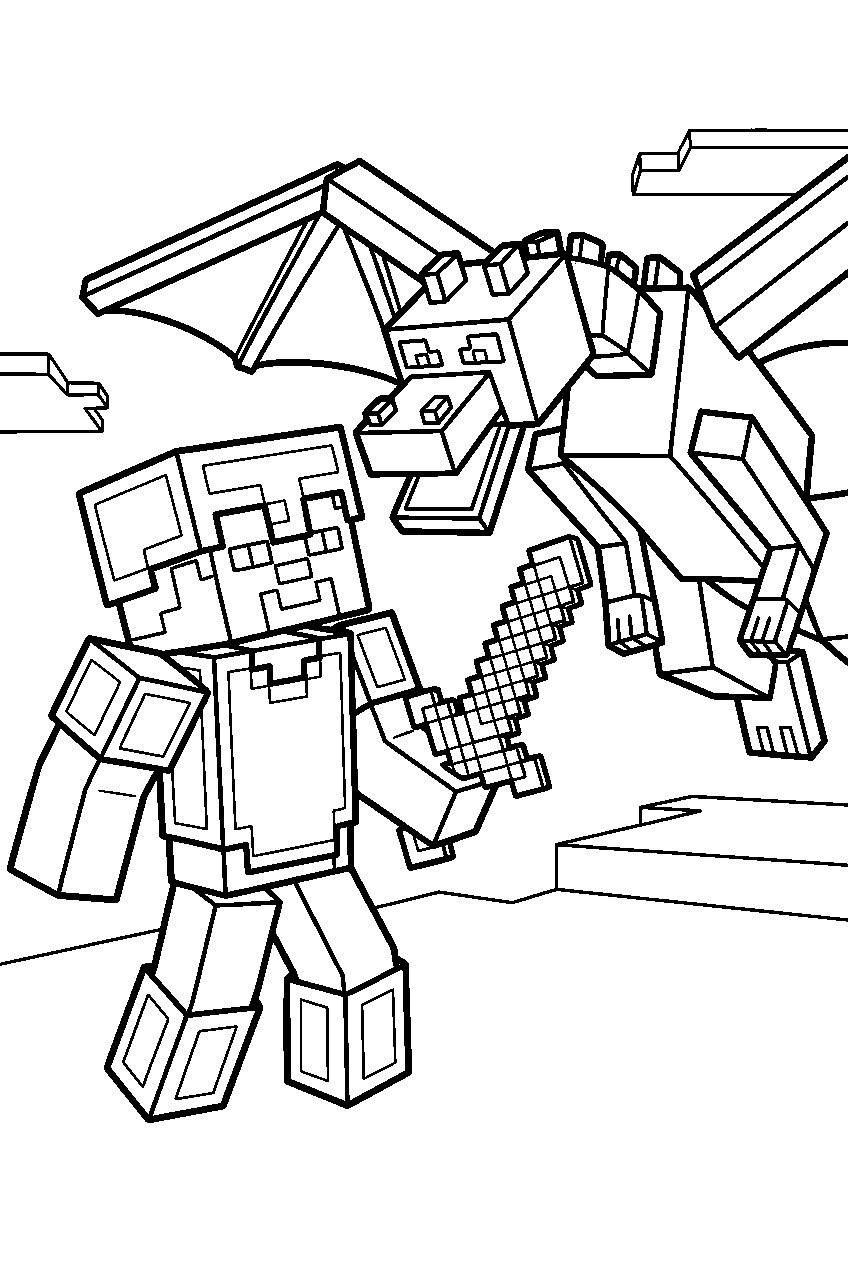 steve fighting minecraft ender dragon with a diamond sword line art